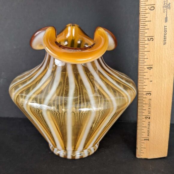 Fenton Amber Gold 5" Glass Vase White Opalescent Striped Art Glass - Picture 7 of 7